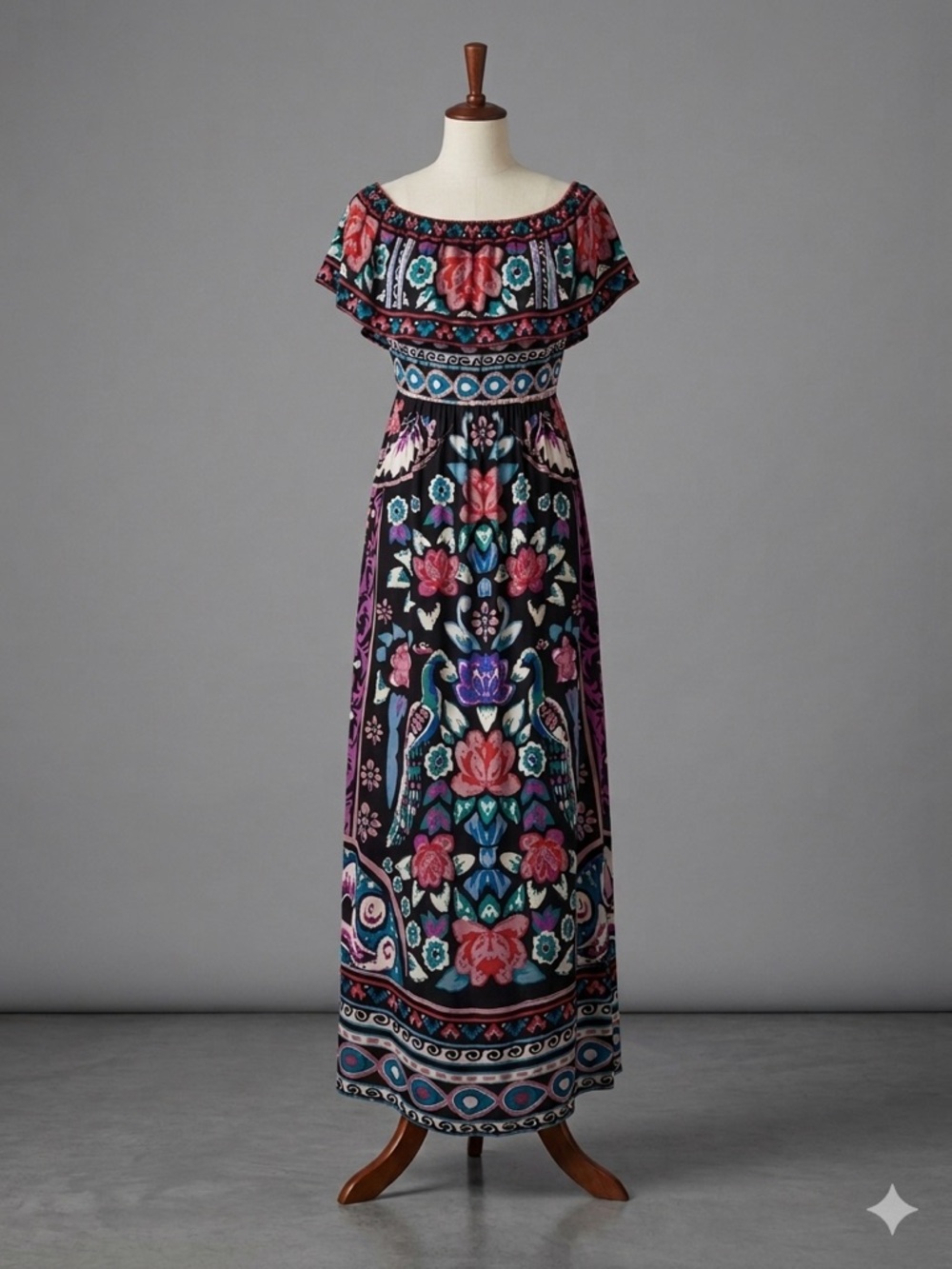 Flying Tomato Bohemian Floral Print Off-the-Shoulder Peacock Maxi Dress Size M - Picture 3 of 7